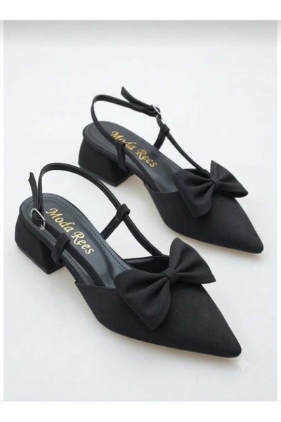 moda rees Women's Black Bow Detailed Open Back Casual Stylish Evening Dress Thick Short Heeled Shoes