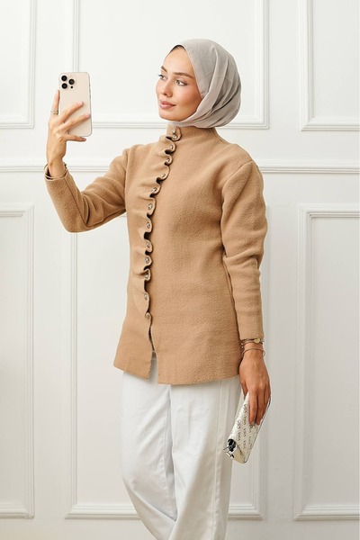ankanoor Ruffled Button Detailed Felt Knitwear Cardigan Anka261051