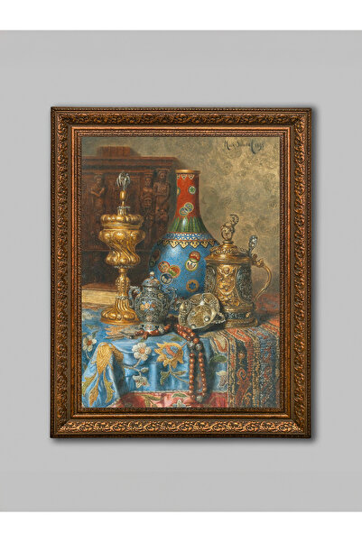 WoodyArts Vaze aurii cu ramă antică maro, pictură decorativă de perete pentru...