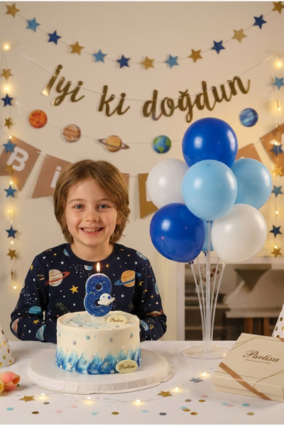 Partixa Gezegen Temalı Uzay Konseptli Mavi Simli Rakam Mum ve Balon Standı Se...