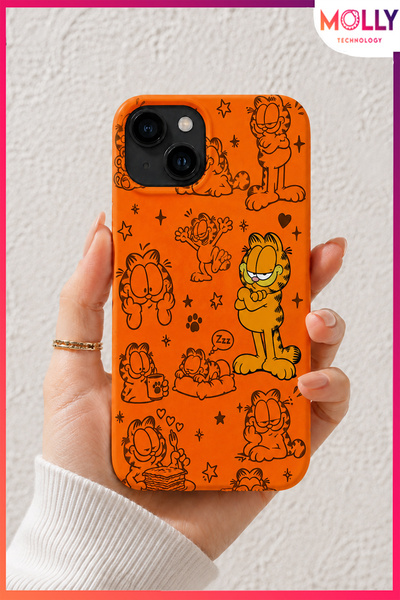 Molly iPhone 15 İçin Turuncu Garfield Tembel Günler Desenli İçi Kadife Siliko...