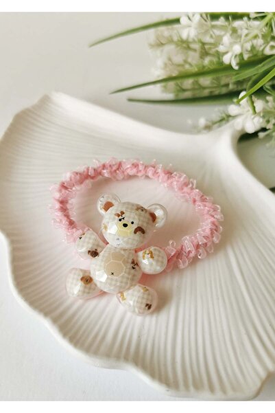 Halley Concept Pink Elastic Hair Clip with Plaid Teddy Bear Figure