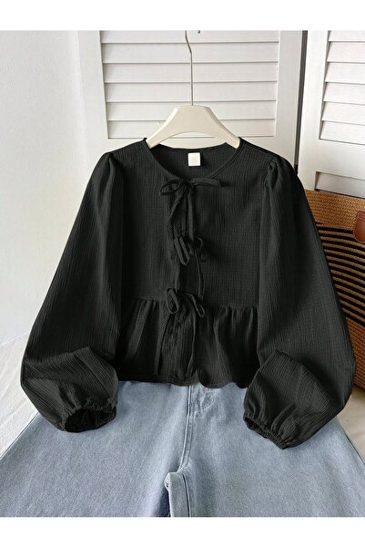 WEEST MODA Black Round Neck Front Three-Tie Detailed Ruffled Blouse