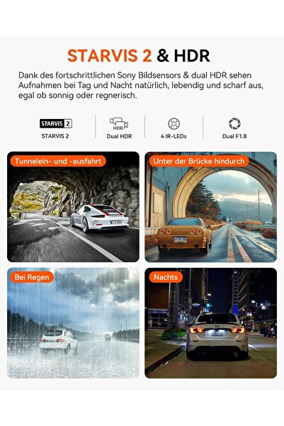VANTRUE N2X 2.7K+1080P Araç İçi Araç Kamerası, STARVIS 2 Çift HDR Gece Görüşlü Araç Kamerası, 2,5K/60FPS