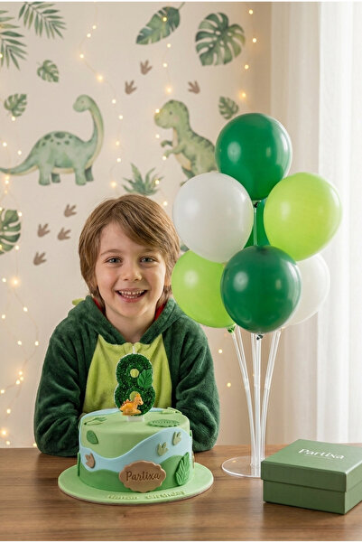 Partixa Dinozor Temalı Yeşil Simli Rakam Mum ve Balon Standı Seti - Doğum Gün...