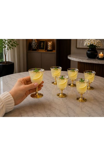 GONCAEV Set of 6 Gold-Legged Coffee Water Glasses – Transparent Glass Luxury Presentation Glasses, Turkish Coffee and Espresso Glasses