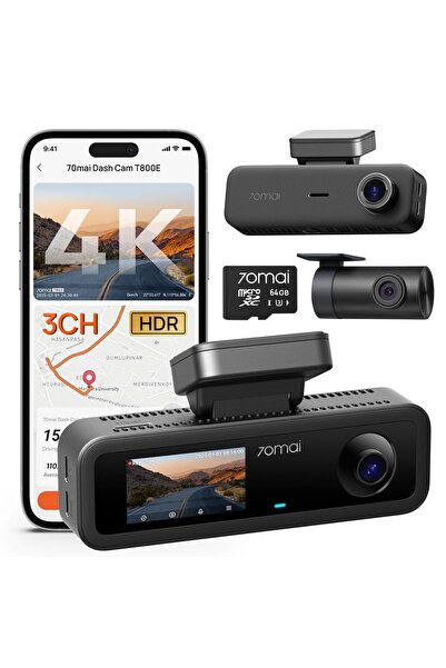 70MAİ T800E 4K Dashcam Araba 3 Kanallı, 4K+1080P+1080P Ön Arka İç 3 Kanallı Araç Kamerası,