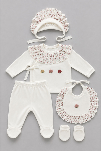 My Babies Label Floral Embroidered Ruffle Detailed 5 Piece Newborn Baby Hospi...