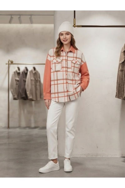 Polologin Butik Γυναικείο πορτοκαλί καρό υφασμάτινο σακάκι με τσέπες