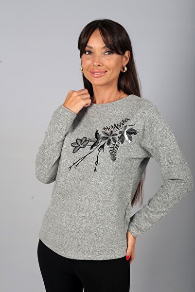 By Saygı Bluză de damă cu mânecă lungă, cu guler rotund și broderie cu mărgel...