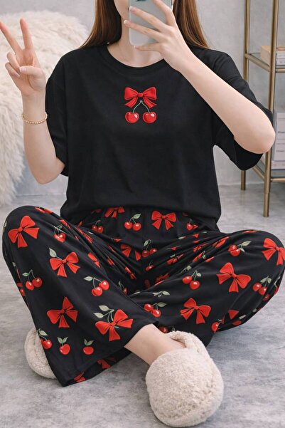 Silona Homewear Short Sleeve Pajama Set Cherry Black Supersoft Basic Single J...