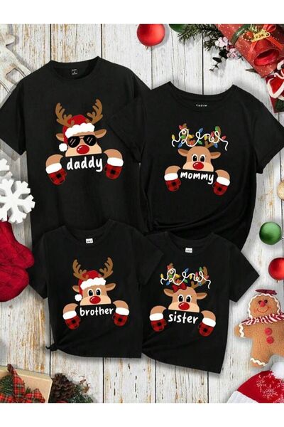 TİMİSİVA Christmas Themed Red-Nosed Reindeer Printed Black Family Matching T-...
