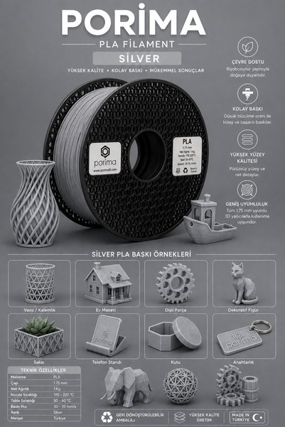 Porima PLA Filament Silver Renk 1KG
