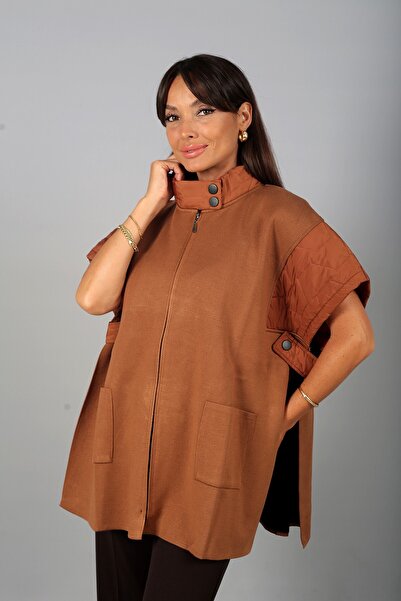 By Saygı Women's Hooded Detailed Oversized Poncho Vest with Front Zipper Pockets
