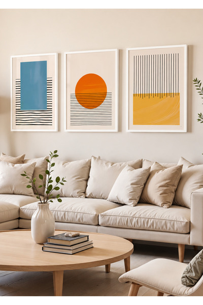 NT Handmade Natural Wood Framed 3-Piece Modern Colorful Geometric Abstract Wa...