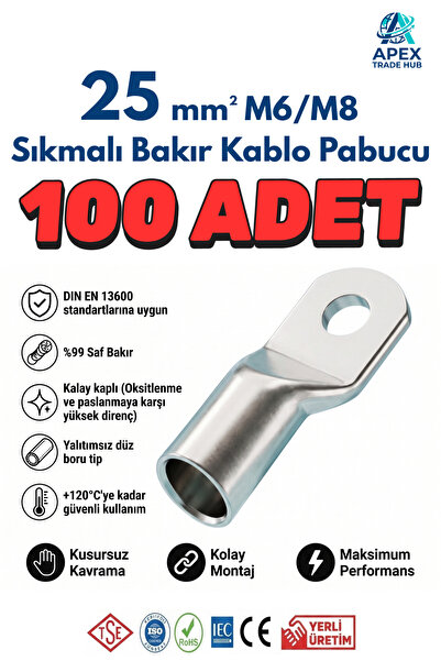 25mm M6/M8 SKP Sıkmalı Bakır Kablo Pabucu - 100'lü Paket