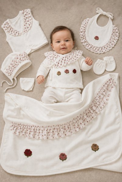 My Babies Label طقم أطفال حديثي الولادة مكون من 10 قطع بتفاصيل مطرزة بالزهور، مع بطانية، مصنوع من القطن بنسبة 100%