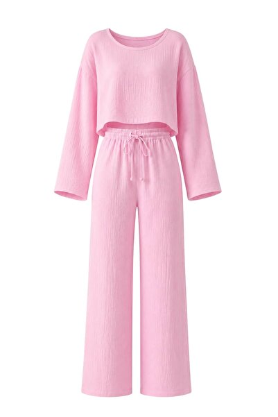 ROYAL'S AURA Müslin Keten Crop Bluz Pantolon Takım