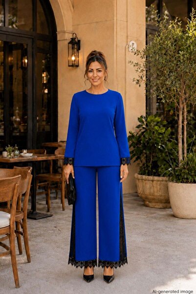Mossta Lace Detailed Viscose Two-Thread Set - Navy Blue