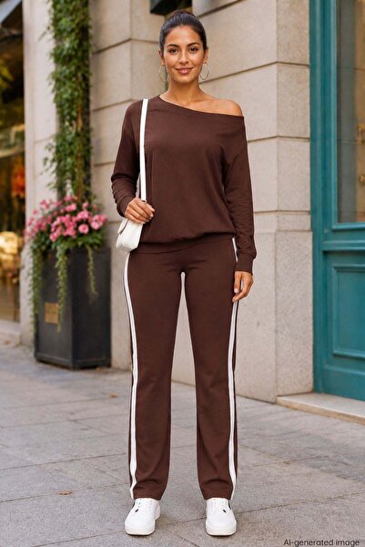 Mossta One-Shoulder Open-Side Striped Viscose Two-Thread Suit - Brown