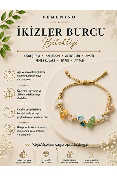 Femenino İkizler Burcu Doğal Taş Makrome Bileklik