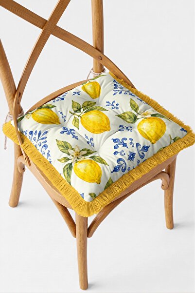 IdeCraft Seramik Desenli Sarı Limon Figürlü Saçaklı Pofuduk Sandalye Minderi