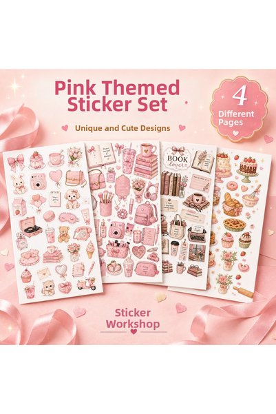 StickerAtölye مجموعة ملصقات ذات طابع وردي - 4 أوراق من الملصقات الزخرفية اللطيفة