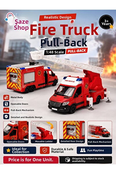 SAZE Şaze Shop 1:48 Die Cast Metal Fire Truck 13 cm Pull and Drop Openable Do...