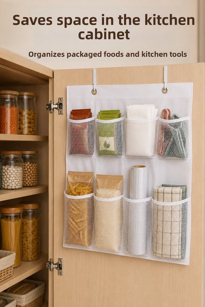 nnevora 8-Pocket Kitchen Cabinet Organizer, Multi-Purpose Mesh Organizer with Hanger and 2 Hanging Devices