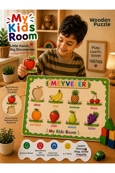 My Kids Room 4-Piece Wooden Puzzle Set Educational Learning Find and Match Puzzle Fruits Vegetables Numbers Shapes