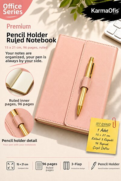 KarmaOfis Powder Pink 15X21 cm Lined Notebook with Pen and Cover, 96 Sheets, ...
