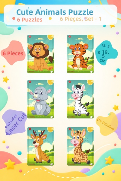 gift plus Wooden Puzzle Set of 6 Animals Educational Jigsaw Puzzle Set 1 (6 P...