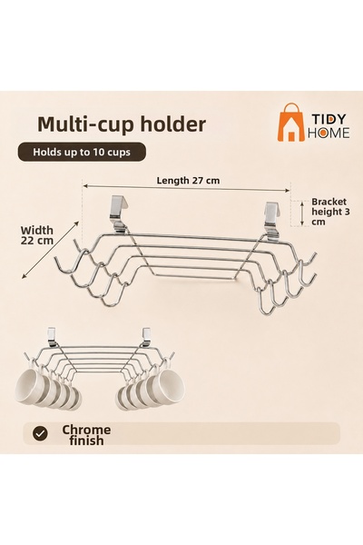 Tidy Home حامل أكواب من الكروم مع 10 خطافات - منظم أكواب بدون براغي يثبت تحت الرف داخل الخزانة