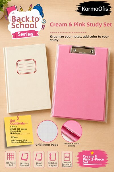 KarmaOfis Cream/White & Pink Work Set Checkered Notebook and A4 Cover Secreta...