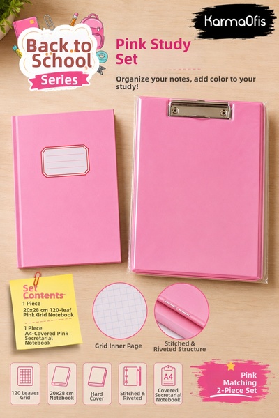 KarmaOfis Pink & Pink Work Set Checkered Notebook and A4 Cover Secretary Set ...