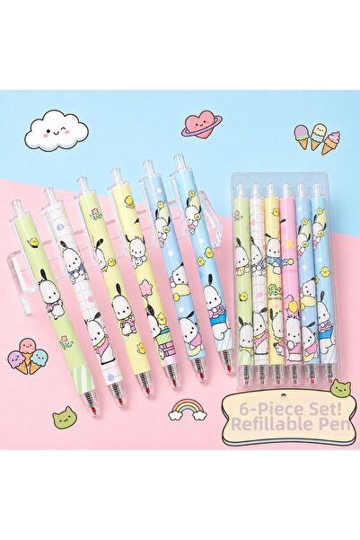 synshop 6-Piece Kawaii Cute Dog Pochacco Patterned Ballpoint Pen Set Push-Pre...