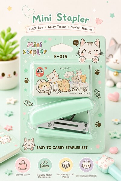 synshop Kawaii Cat’S Life Cat Paw Pattern Green Stapler Set Portable Statione...
