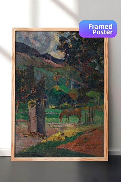 Zestia Pictură murală Paul Gauguin înrămată în lemn, Peisaj din Tahiti, Cal î...