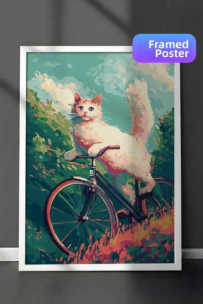Zestia Pictură murală Pixel Art cu ramă albă, Pisică albă călărind pe bicicle...
