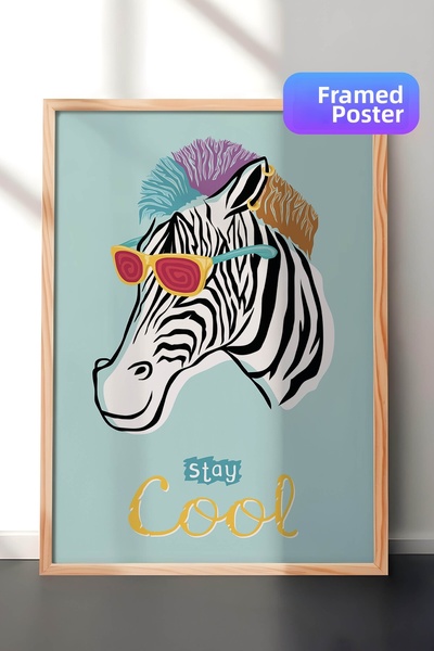 Zestia Pictură murală Pop Art cu ramă din lemn, Zebră colorată cu ochelari și...