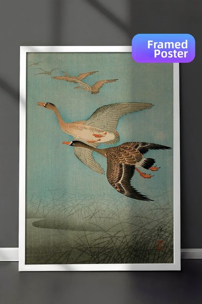 Zestia Pictură murală japoneză Ukiyo-e cu ramă albă, Gâște sălbatice zburând ...