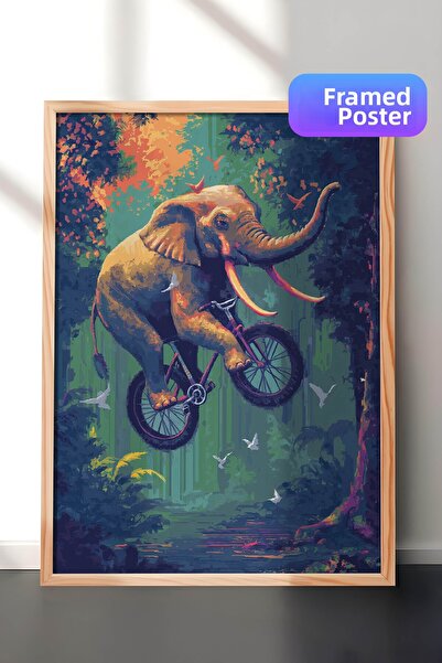 Zestia Pictură de perete cu artă digitală înrămată în lemn, elefant cu bicicl...