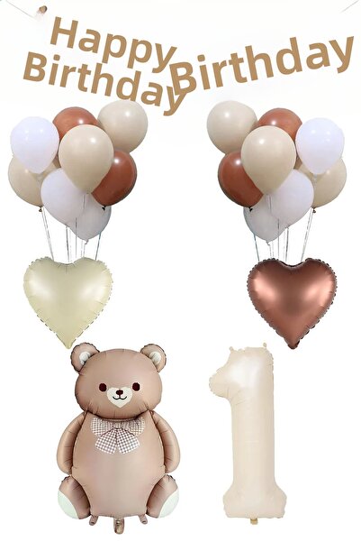 Atölye Mi 1 Year Old Retro Caramel Bow Tie Bear and Retro Balloons Birthday B...