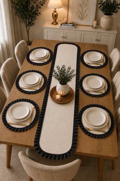 ZİLCA HOME 7 Piece Black Ruffled Cream Table Set for 6 People – Runner + 6 American Service Plates