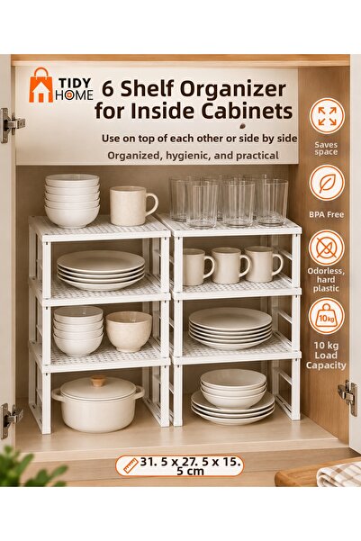 Tidy Home 6 Pieces of In-Cabinet Organizer Rack, Plate and Cup Rack, Hard Odo...