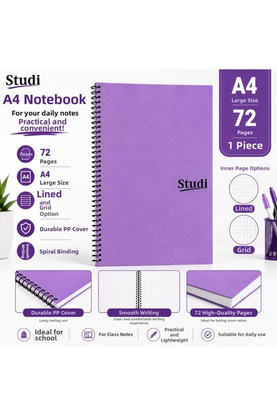Studi دفتر ملاحظات أرجواني مقاس A4، 72 ورقة، غلاف حلزوني من البولي بروبيلين، ...