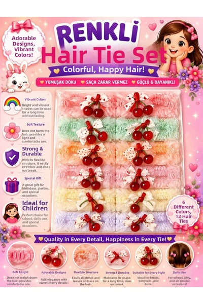 İlkbenaldim Set of 12 Girls' Hair Clips with Cherry and Bow Details – 6 Colors