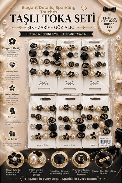 İlkbenaldim Set of 12 Black Pearl and Stone Detailed Women's Hair Clips – Mix...