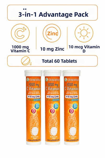 OrbiVital Vitamin C 1000 Mg + Zinc + Vitamin D3 3-Pack Advantageous Package 60 Tablets