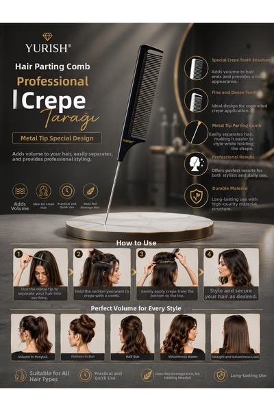 YURISH Hair Separating Handle Professional Crepe Comb Metal Tip Hairdresser Comb